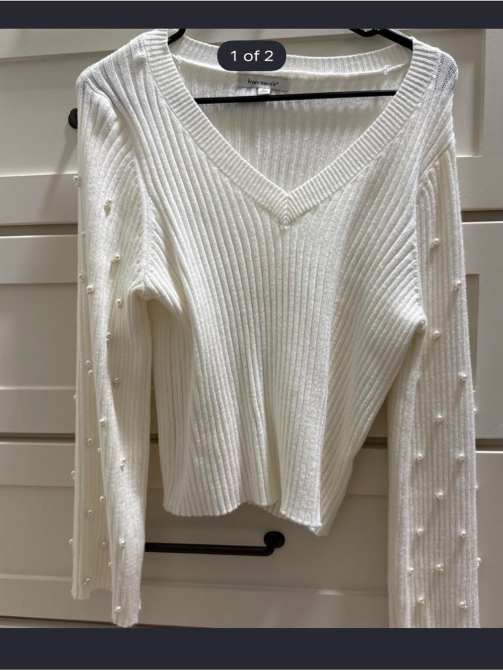 Francesca's Cream V-Neck Ribbed Sweater with Pearl-Embellished Sleeves